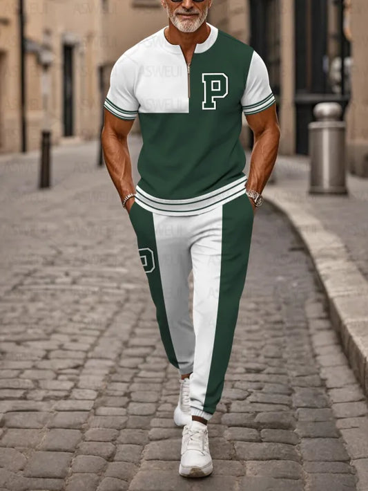 Zipper Short Sleeve Long Pants Two-Piece Set