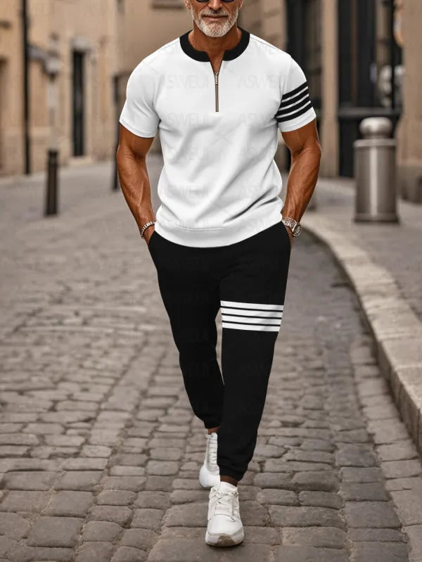 Zipper Short Sleeve Long Pants Two-Piece Set