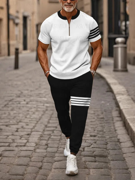 Zipper Short Sleeve Long Pants Two-Piece Set