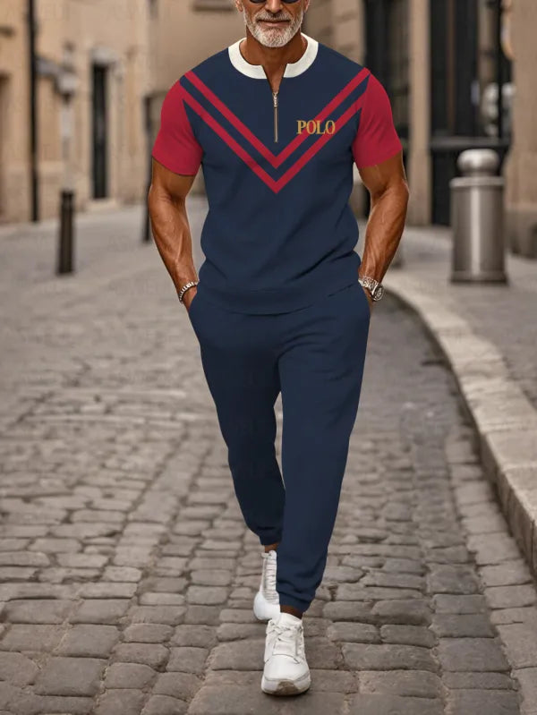 Zipper Short Sleeve Long Pants Two-Piece Set