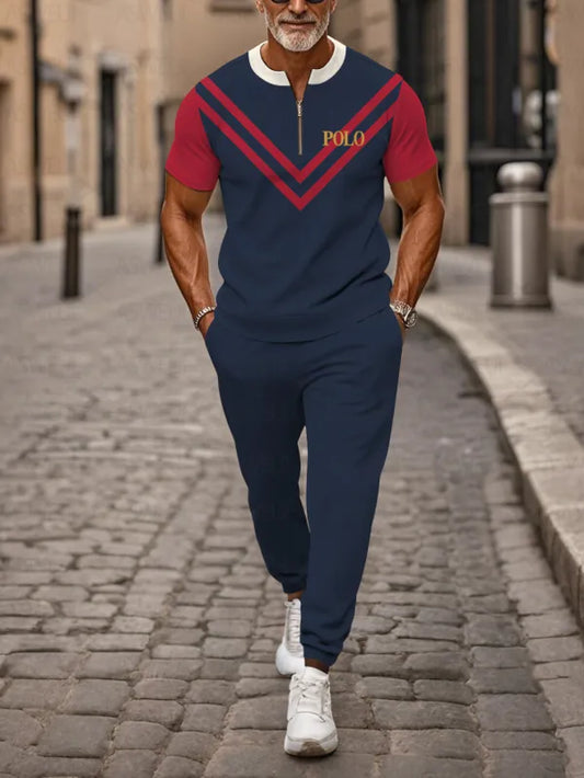 Zipper Short Sleeve Long Pants Two-Piece Set