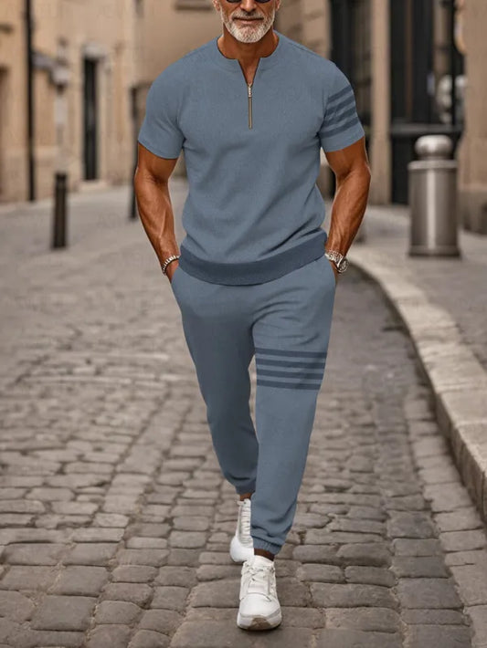 Zipper Short Sleeve Long Pants Two-Piece Set