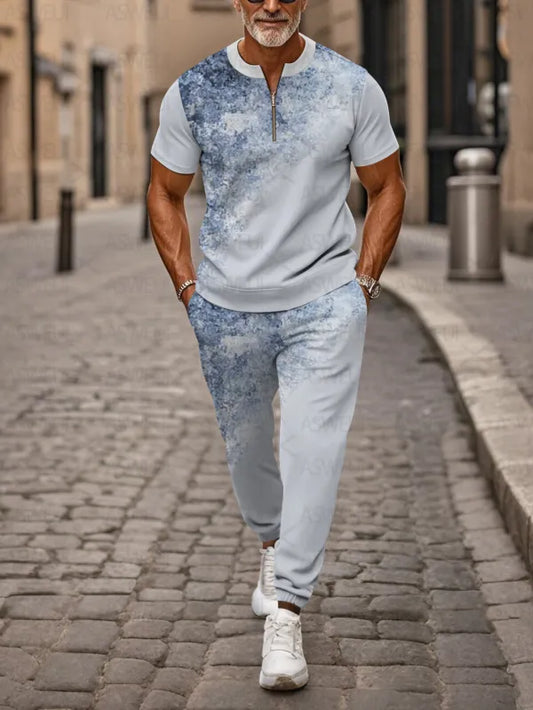 Zipper Short Sleeve Long Pants Two-Piece Set