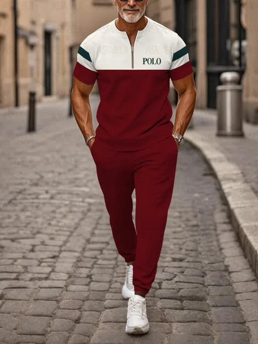 Zipper Short Sleeve Long Pants Two-Piece Set