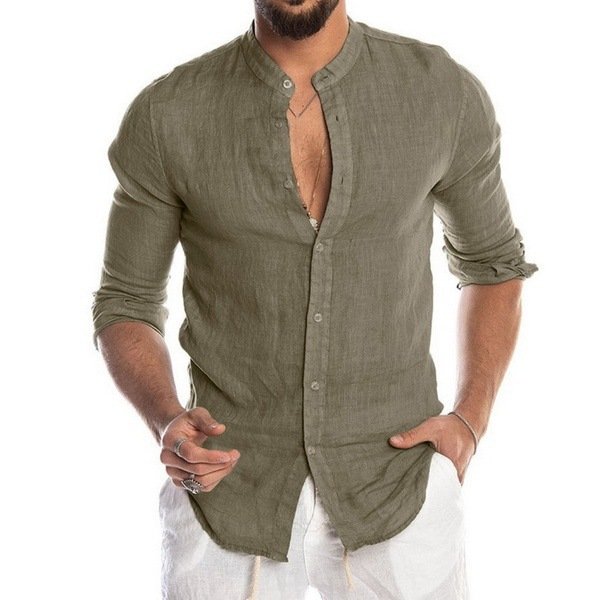 Men's Casual Linen Shirt Band Collar Long Sleeve Button Down Shirt - DUVAL