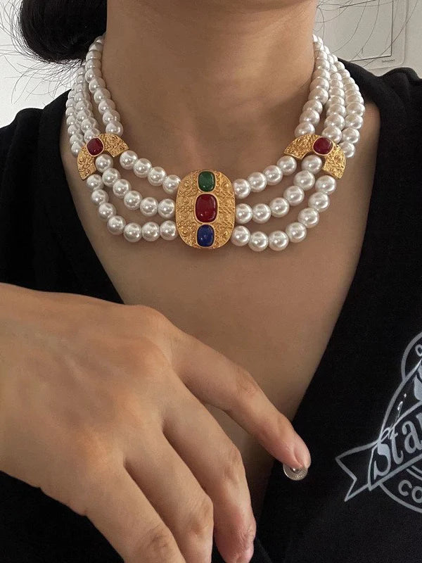 Collier de perles de pierres précieuses colorées vintage, boucles d'oreilles à tige en perles