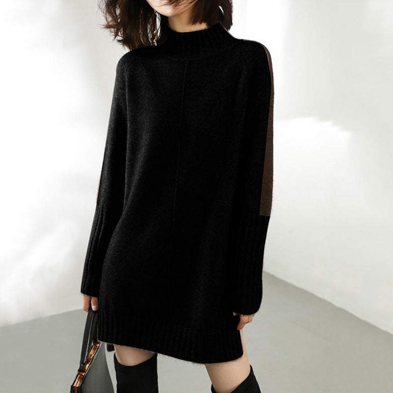 High-neck loose thick color-block knitted dress