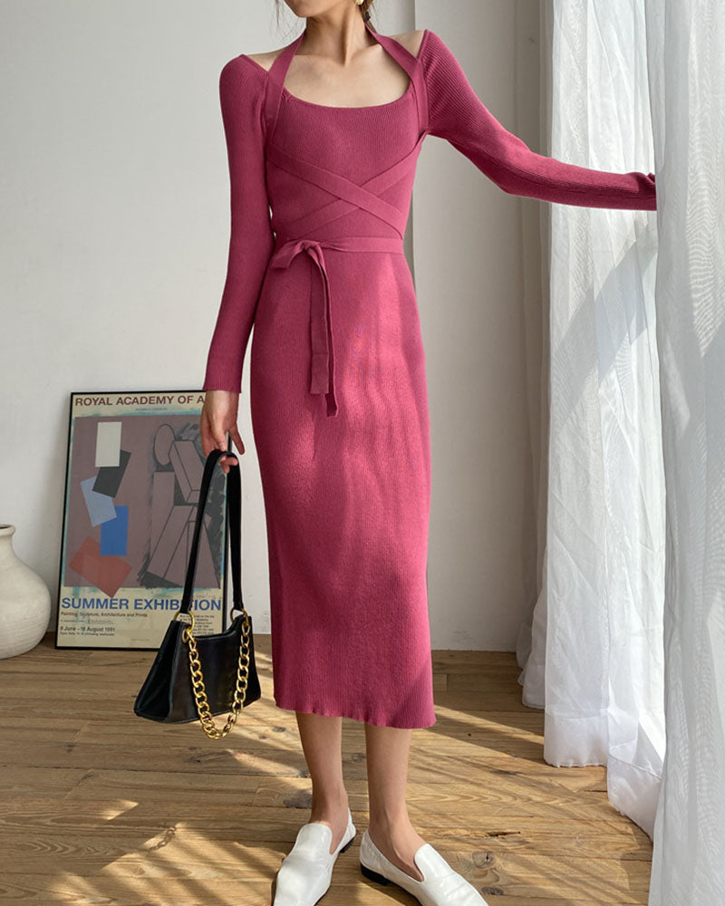 One-shoulder elegant waist-waist tie knitted dress