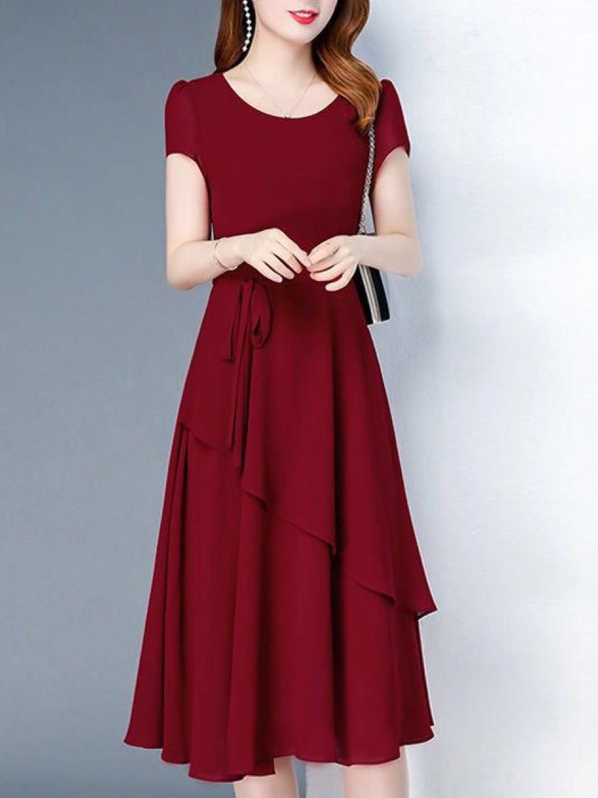 Round Neck Short-sleeved Waist Slimming Maxi Dress