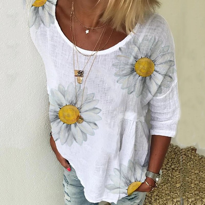 Chrysanthemum Print Round Neck Women's Short-Sleeved T-Shirt - DUVAL