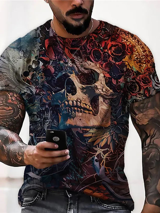 Men's  Tee T shirt Shirt 3D Print Graphic Prints Skull Crew Neck Daily Holiday Print Short Sleeve Tops Casual Designer Big and Tall Brown / Summer - DUVAL