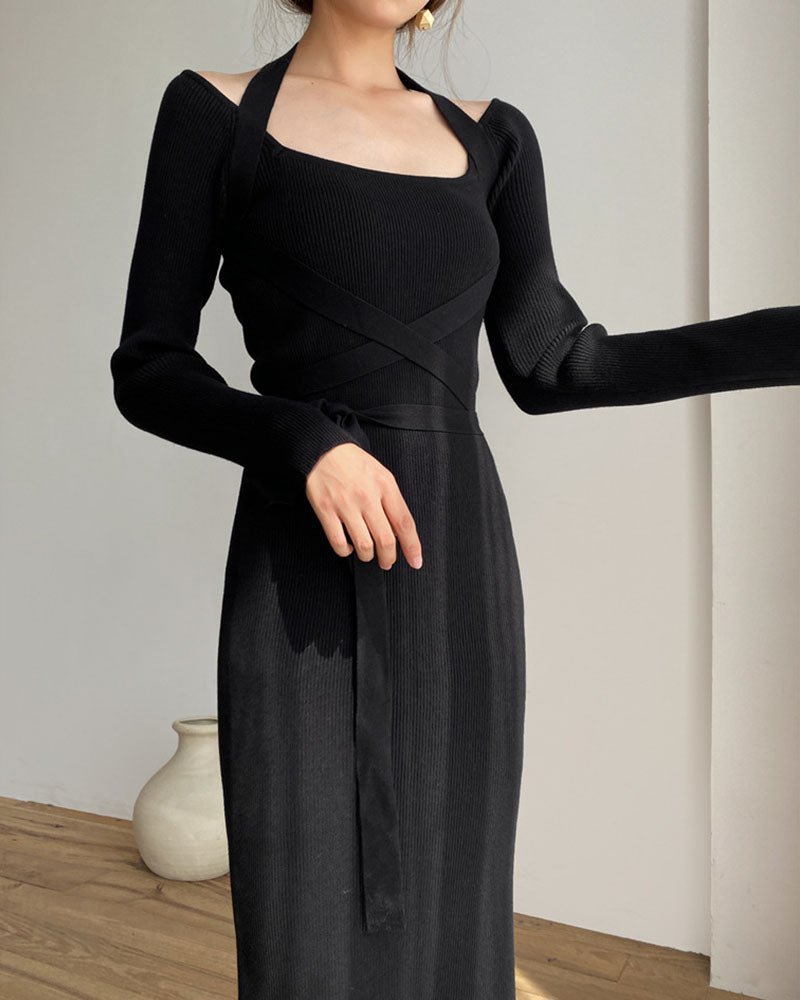 One-shoulder elegant waist-waist tie knitted dress
