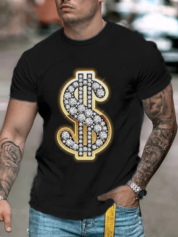 Stylish Men's Casual Short Sleeve T-Shirt in Black Gold Coin Print