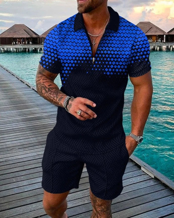 Men's Casual Dark Blue Printed Polo Suit - DUVAL