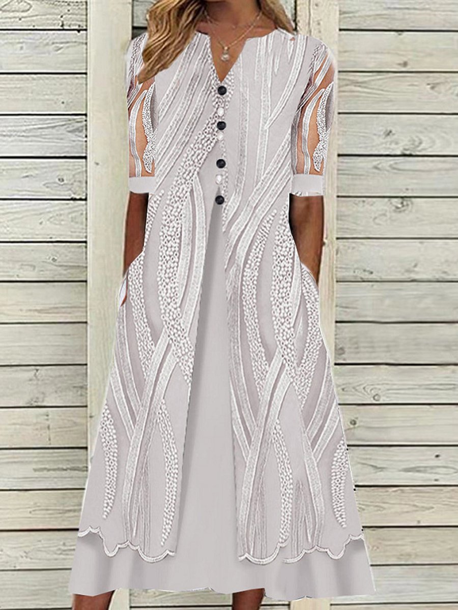 V-Neck Printed Loose Short Sleeve Maxi Dress - DUVAL