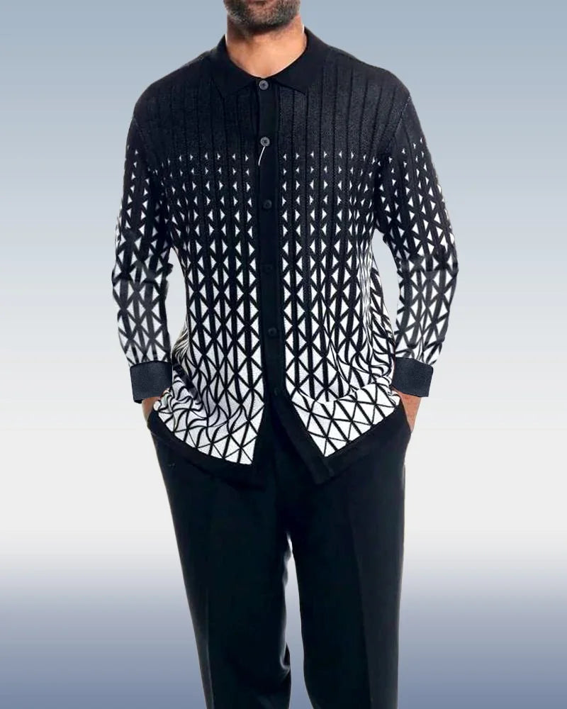 Black Criss Cross Pattern Walking Suit Long Sleeve Set - DUVAL
