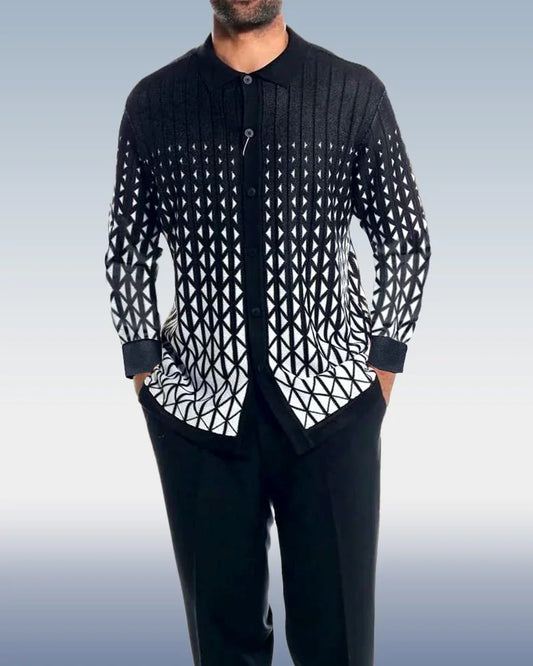 Black Criss Cross Pattern Walking Suit Long Sleeve Set - DUVAL