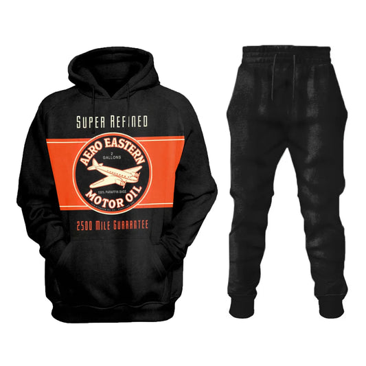 Black Casual T-shirt With Retro Engine Oil Sweatshirt Set - DUVAL