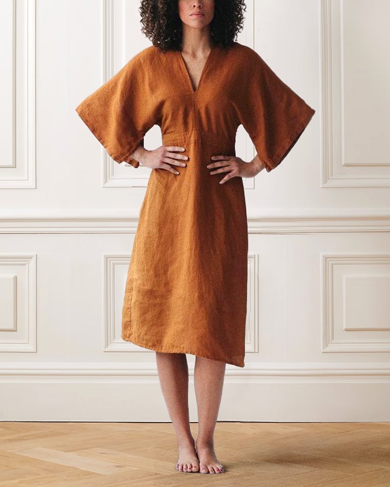 Elegant Ink Brown Linen Dress - DUVAL
