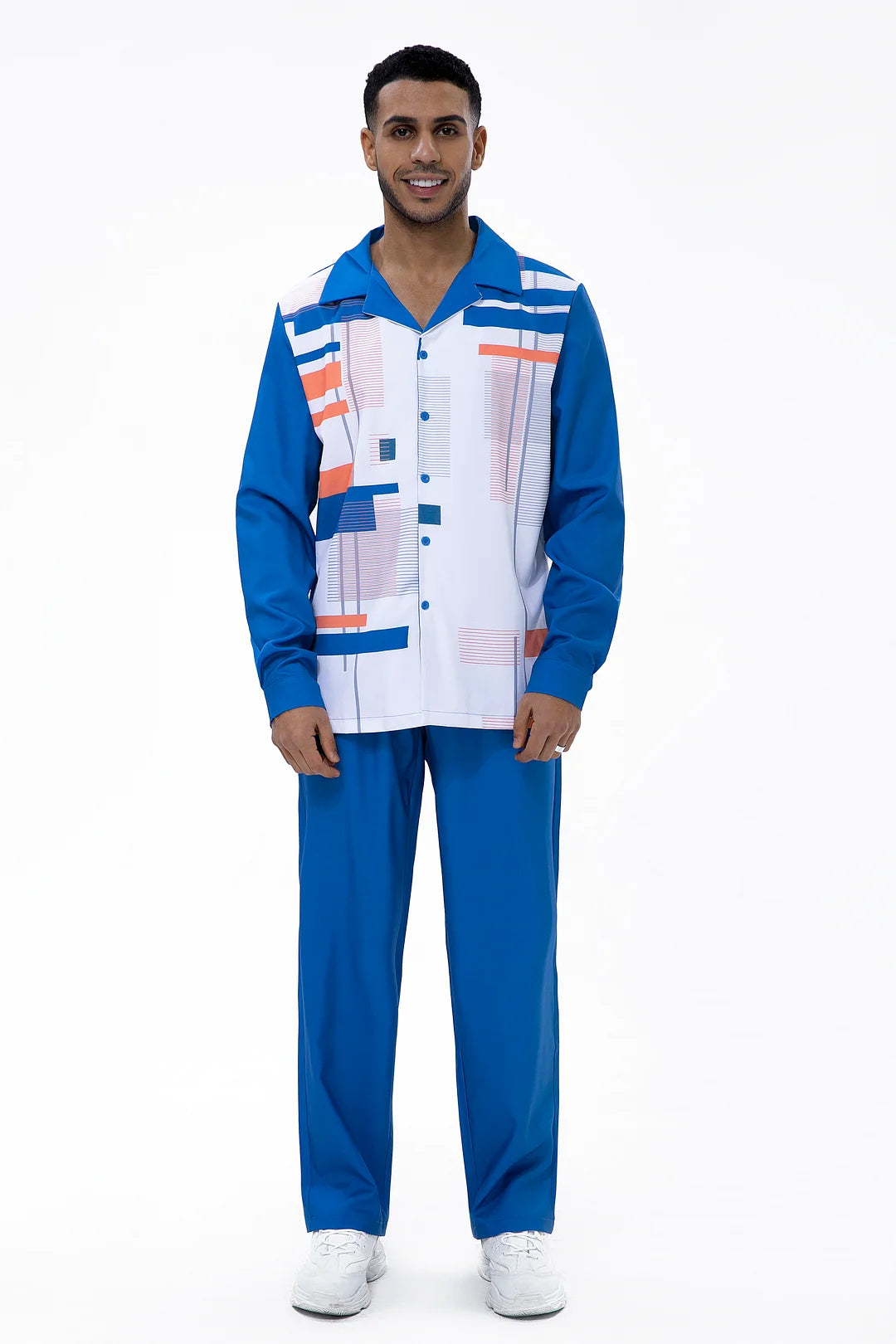 Navy Geometric Print Walking Suit 2 Piece Long Sleeve Set - DUVAL