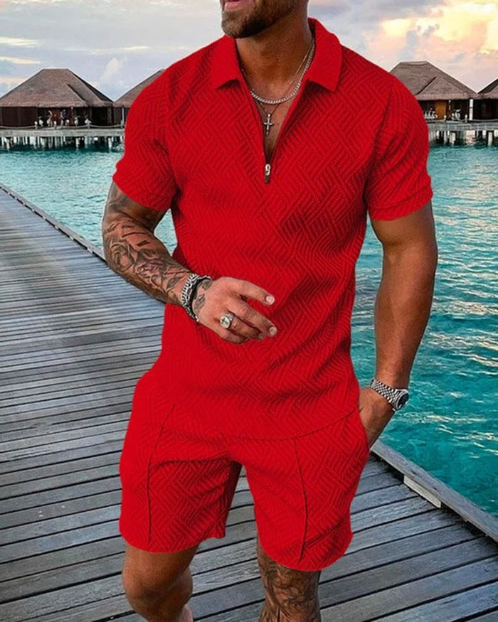 Men's Fashion Red Holiday Floral Print Polo Suit - DUVAL