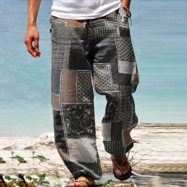Men's Linen Western Ethnic Irregular Boho Print Double Pocket Stretch Loose Pants