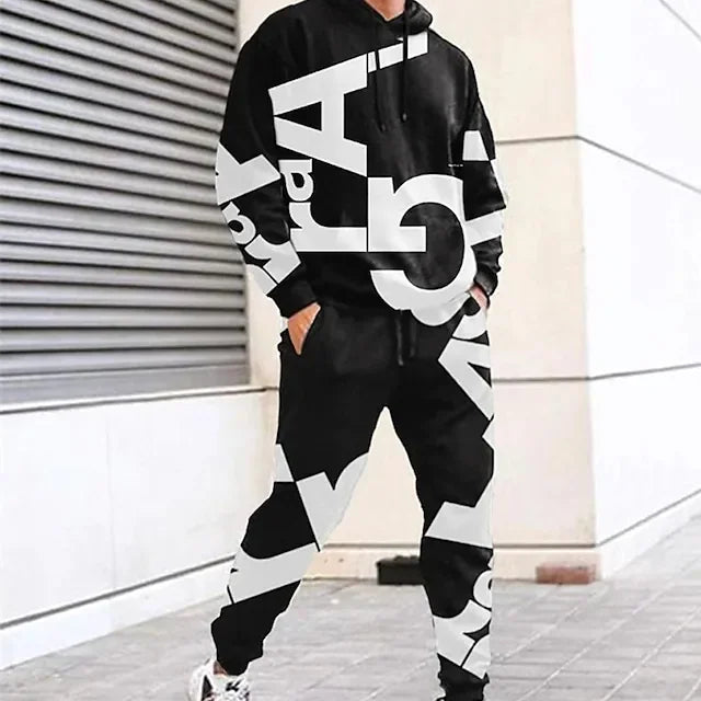 Men's Tracksuit Hoodies Set Hooded Graphic Letter 2 Piece Print Sports & Outdoor Casual Sports 3D Print Basic Streetwear Sportswear Clothing Apparel Hoodies Sweatshirts Long Sleeve Black And White - DUVAL