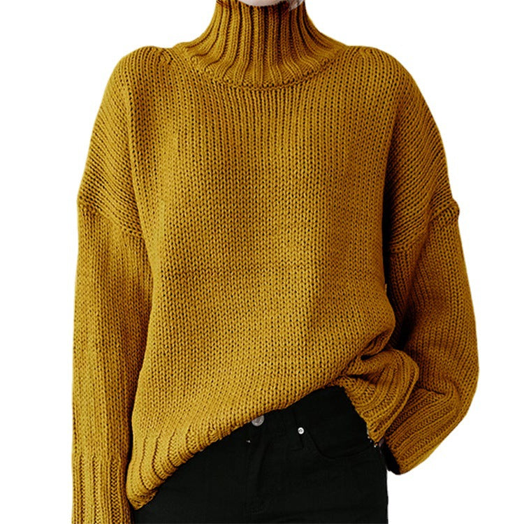 Turtleneck Long-Sleeved Solid Color Knitted Pullover Sweater