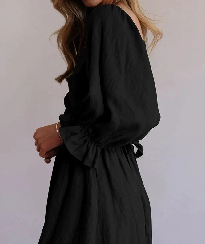 French Ruffled Lantern Sleeves Multi-wear Dress Black