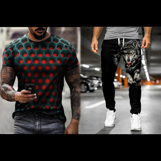 Men's Fashion Casual Geometric Print Short Sleeve Suit - DUVAL
