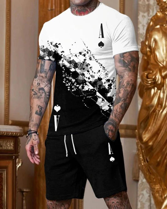 Men's Fashion Black and White Poker Printed Short Sleeve Round Collar Suit - DUVAL