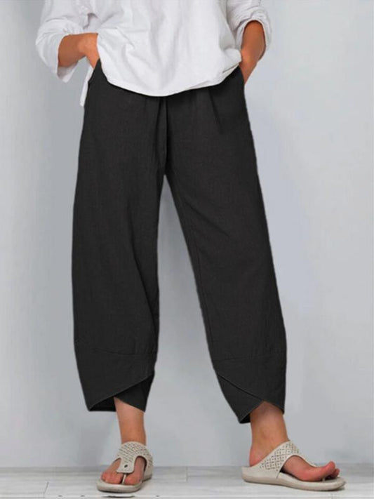Women's loose cotton elastic waist wide-leg pants