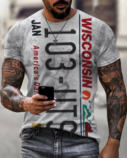 Men's Wisconsin License Plate Print Casual T-Shirt - DUVAL