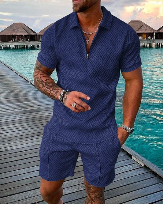 Men's Seaside Casual Blue Printed Polo Suit - DUVAL