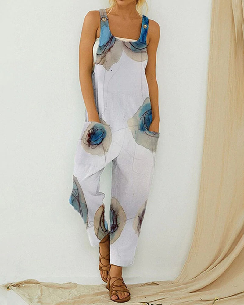 Vintage Abstract Print Bib Jumpsuit