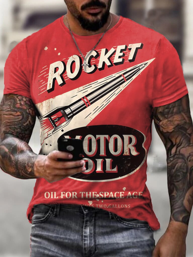 Rocket Men's Casual Vintage Print T-Shirt