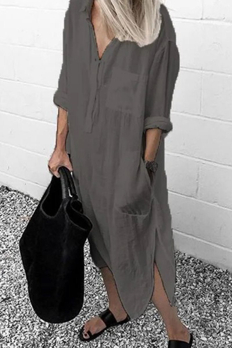 Long Sleeve Solid Color Split Pocket Shirt Dress - DUVAL