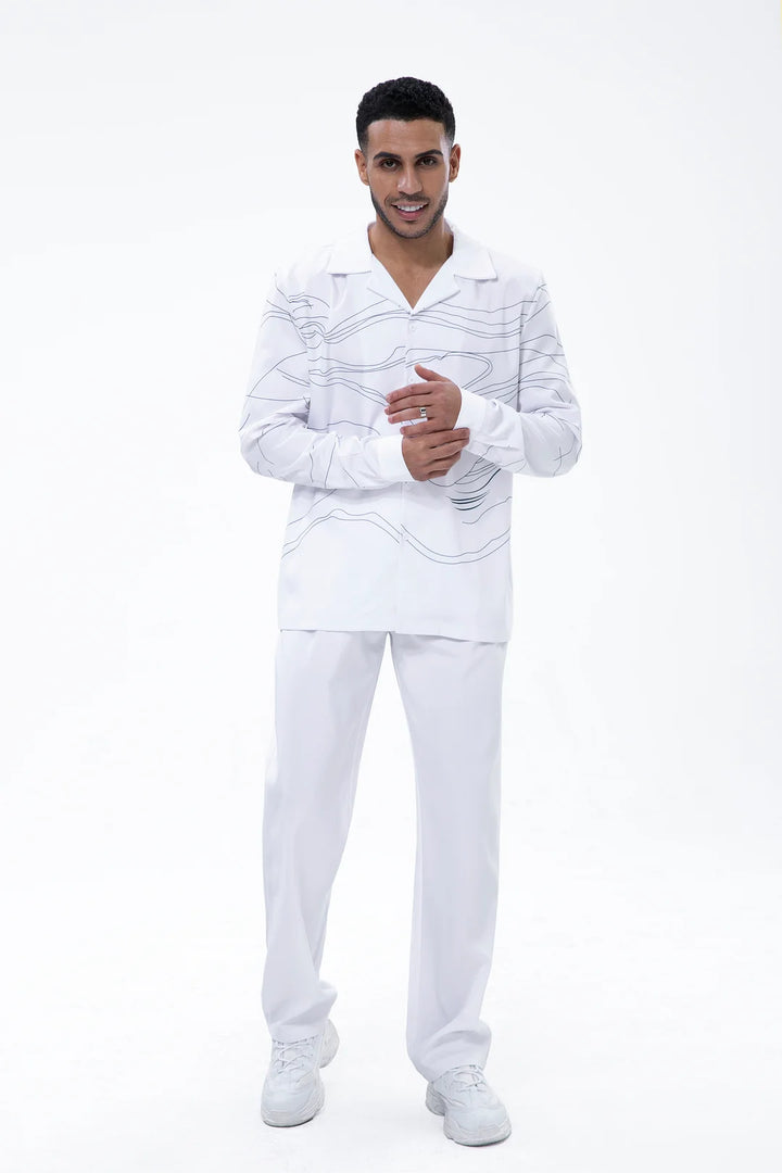 White Art Two-Piece Long Sleeve Print Walking Pants - DUVAL