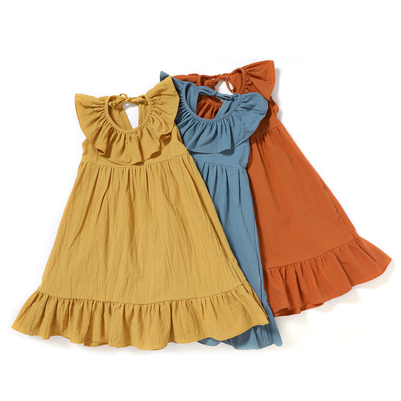 Girls Cotton Linen Cozy Pleated Dress