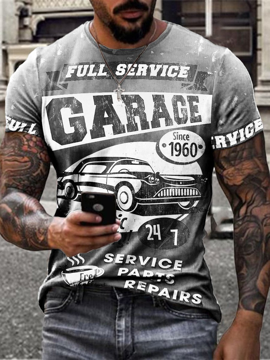 Retro service area car repair print T-shirt - DUVAL