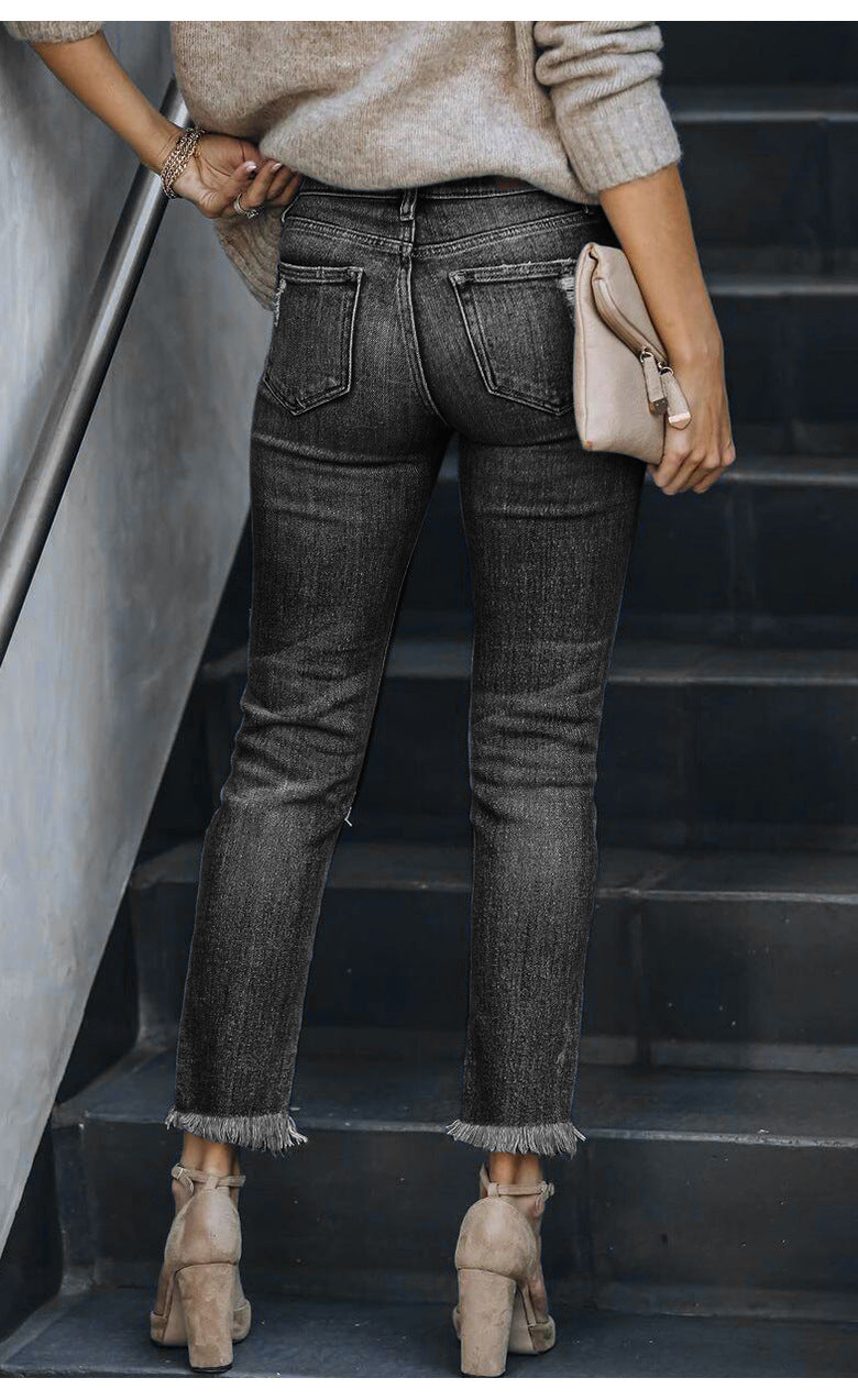 women's ripped fringed straight jeans