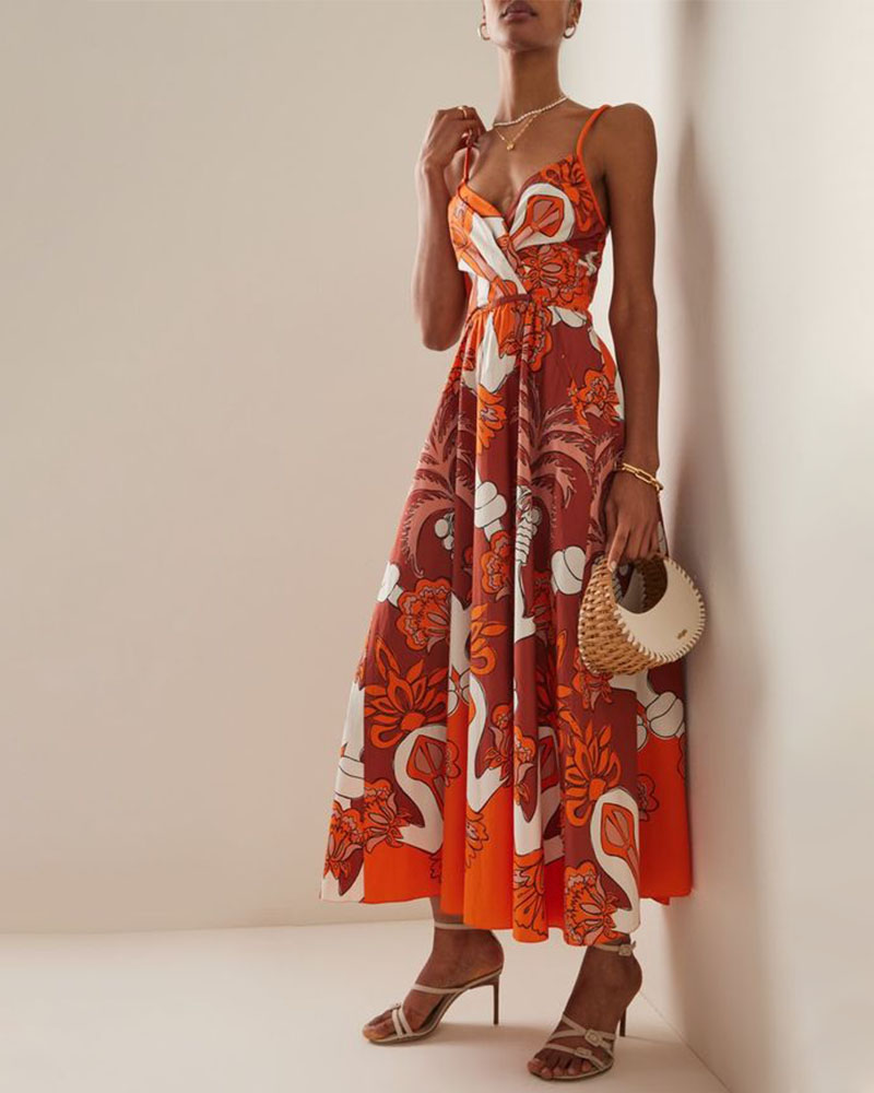 Orange Palm Tree Print Slip Dress