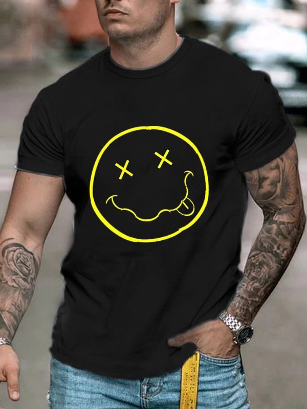 Stylish men's casual black smiley face printed short sleeve T-shirt