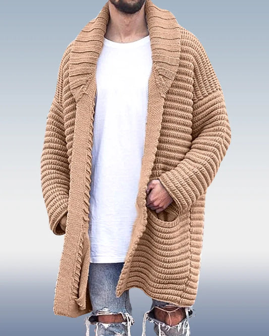 Men's Lapel Mid Length Knit Sweater Jacket