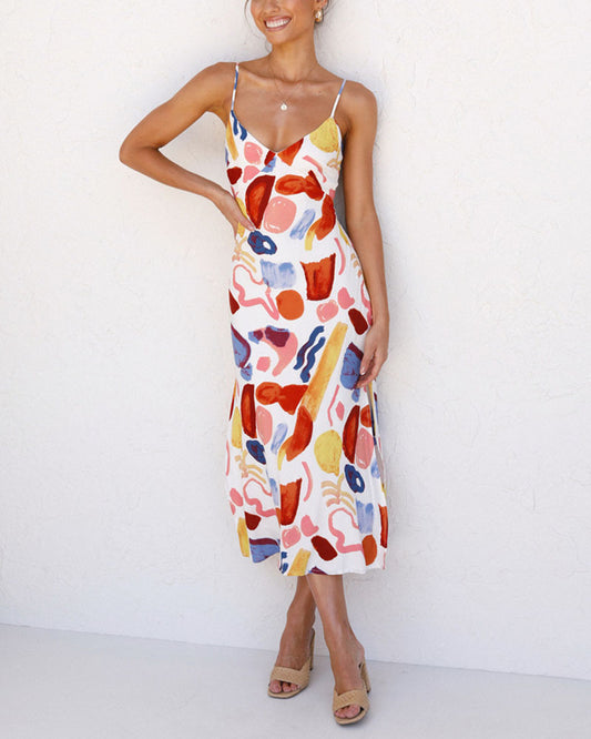 Summer suspender low cut slit print dress