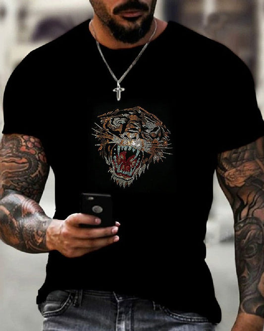 Men's Stylish Casual Black Rhinestone T-Shirt - DUVAL