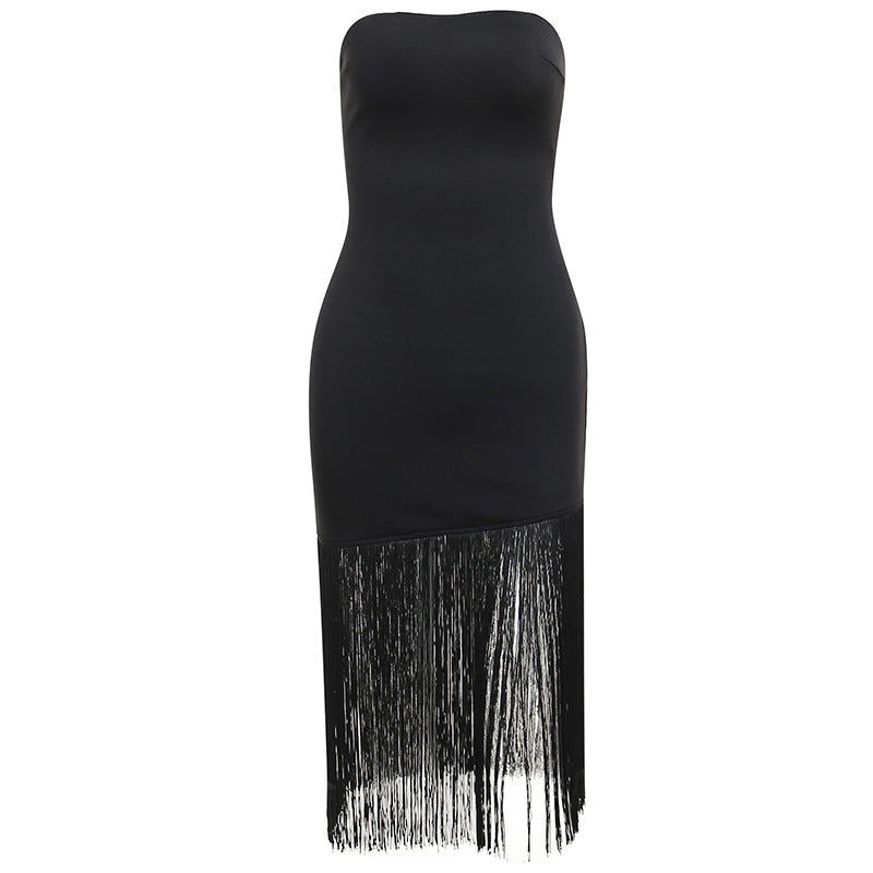 Elegant Fringe Strapless Slit Dress