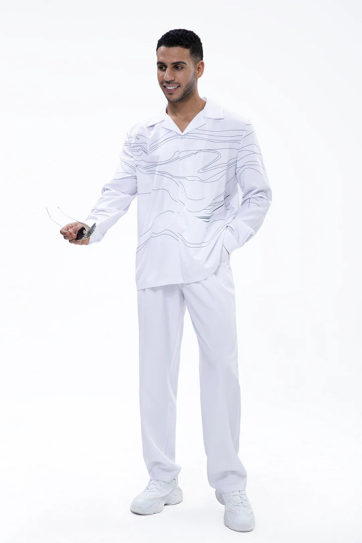 White Art Two-Piece Long Sleeve Print Walking Pants - DUVAL