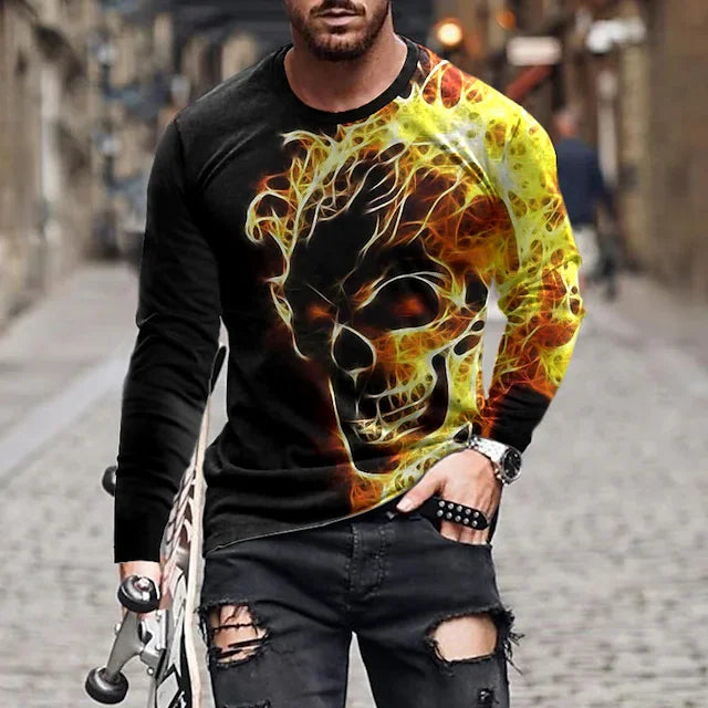 Men's  T shirt Tee Skull Graphic Prints Crew Neck Yellow 3D Print Outdoor Street Long Sleeve Print Clothing Apparel Basic Vintage Sports Designer - DUVAL