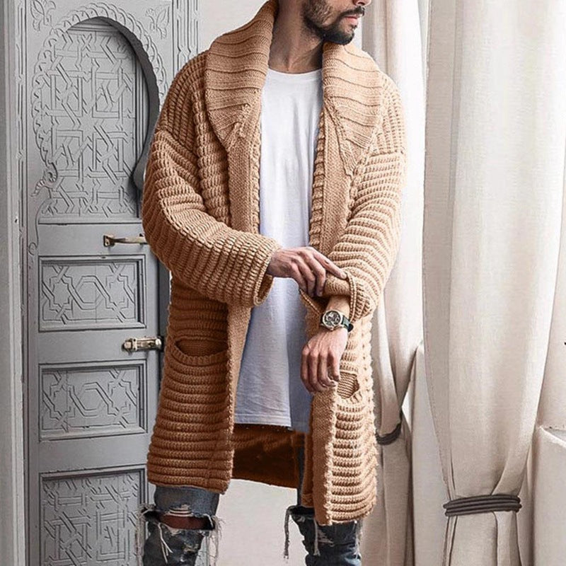 Men's Lapel Mid Length Knit Sweater Jacket